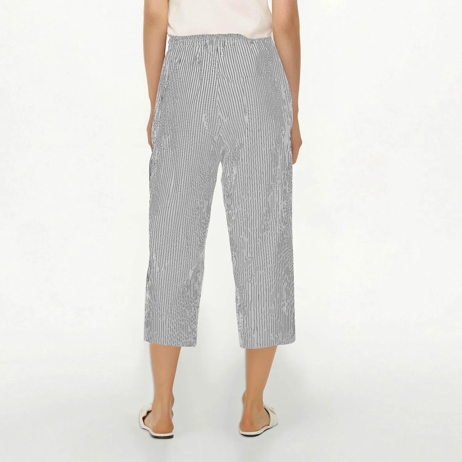 fanmpghleoo Pinstripe Pants Women Cropped Drawstring Striped Linen Pants Women Summer Casual Loose Linen Capris with Pockets