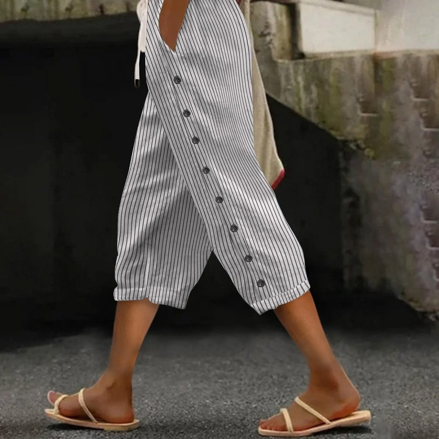 fanmpghleoo Pinstripe Pants Women Cropped Drawstring Striped Linen Pants Women Summer Casual Loose Linen Capris with Pockets