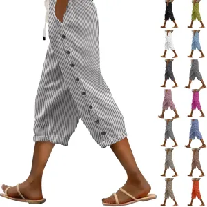 fanmpghleoo Pinstripe Pants Women Cropped Drawstring Striped Linen Pants Women Summer Casual Loose Linen Capris with Pockets