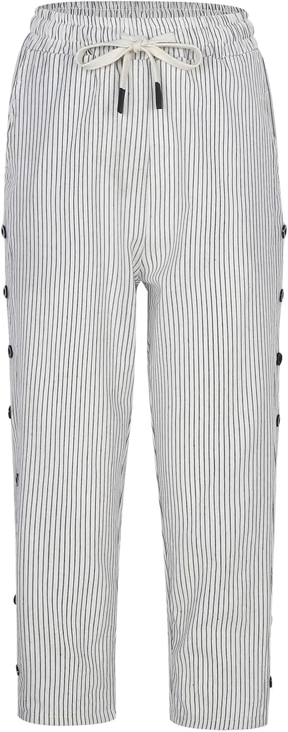 fanmpghleoo Pinstripe Pants Women Cropped Drawstring Striped Linen Pants Women Summer Casual Loose Linen Capris with Pockets