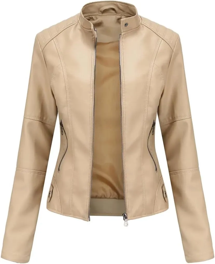 Faux Leather Jacket Women Autumn Spring Moto Biker Zipper Jacket Casual O-Neck Jacket