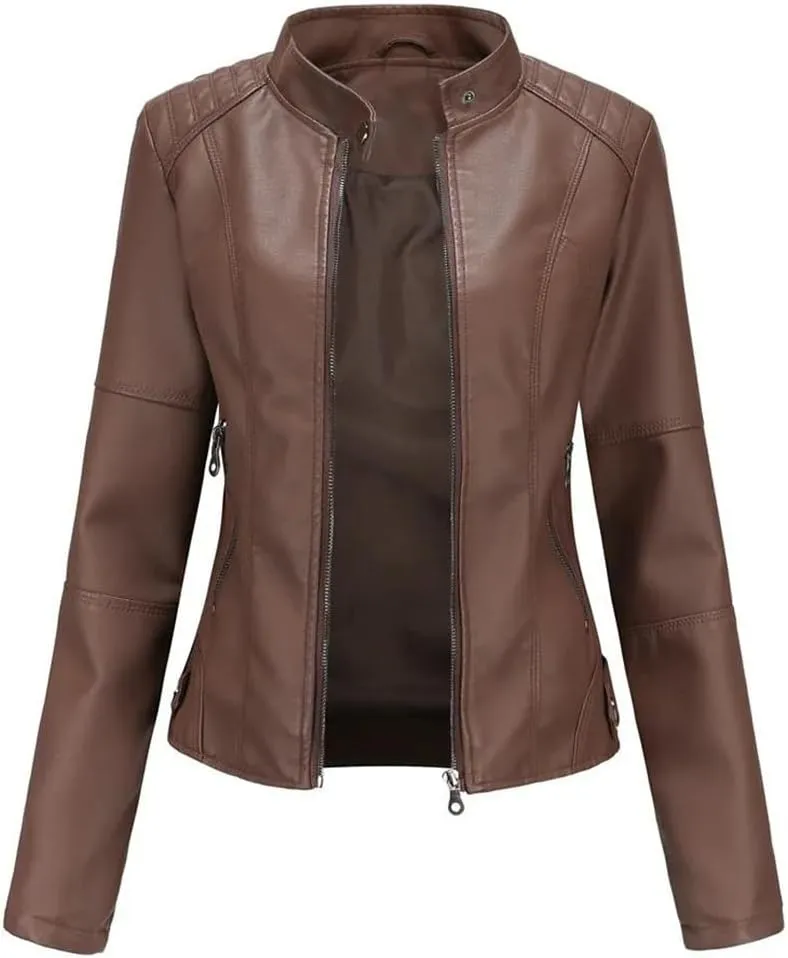 Faux Leather Jacket Women Autumn Spring Moto Biker Zipper Jacket Casual O-Neck Jacket