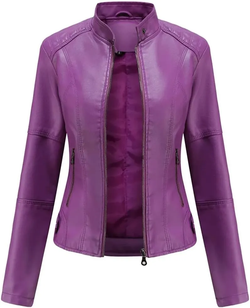 Faux Leather Jacket Women Autumn Spring Moto Biker Zipper Jacket Casual O-Neck Jacket