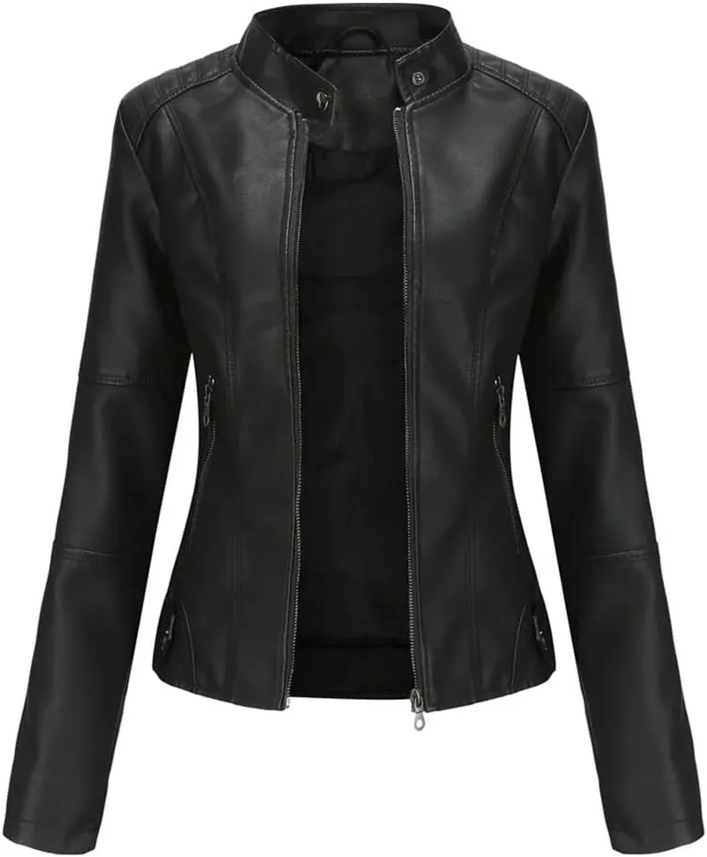 Faux Leather Jacket Women Autumn Spring Moto Biker Zipper Jacket Casual O-Neck Jacket