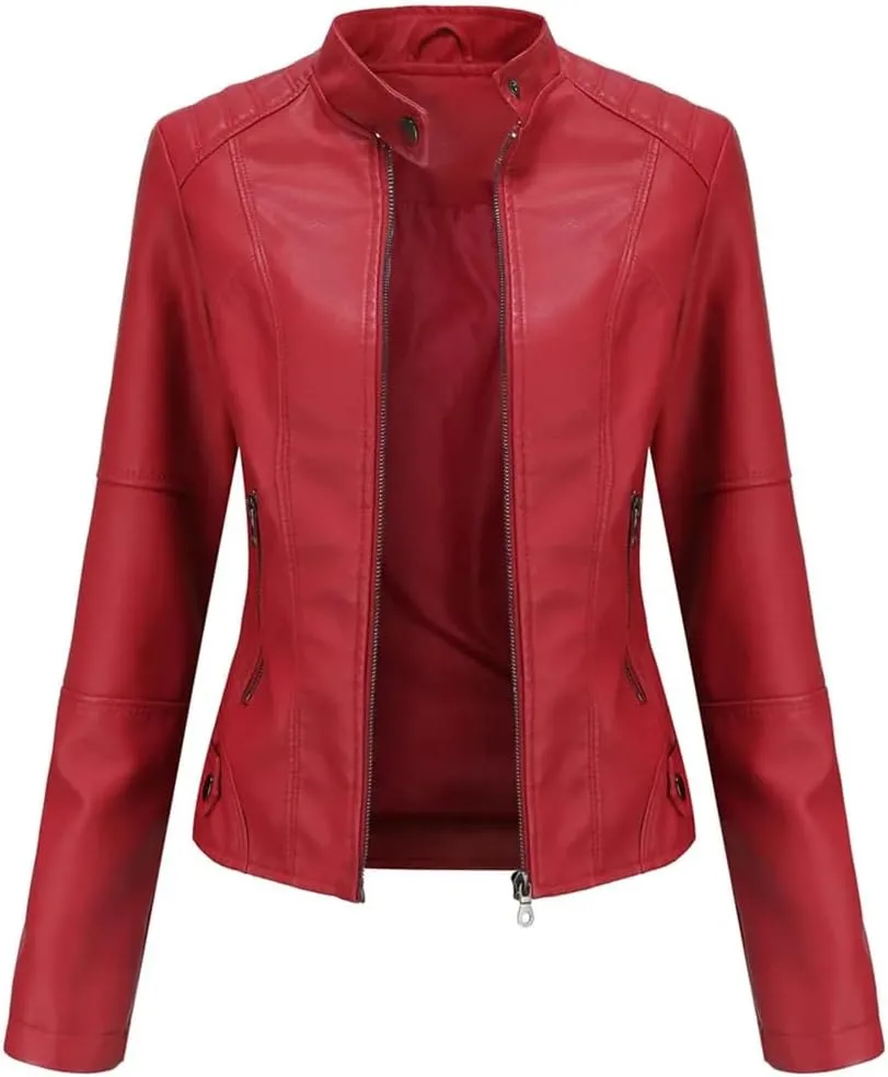 Faux Leather Jacket Women Autumn Spring Moto Biker Zipper Jacket Casual O-Neck Jacket