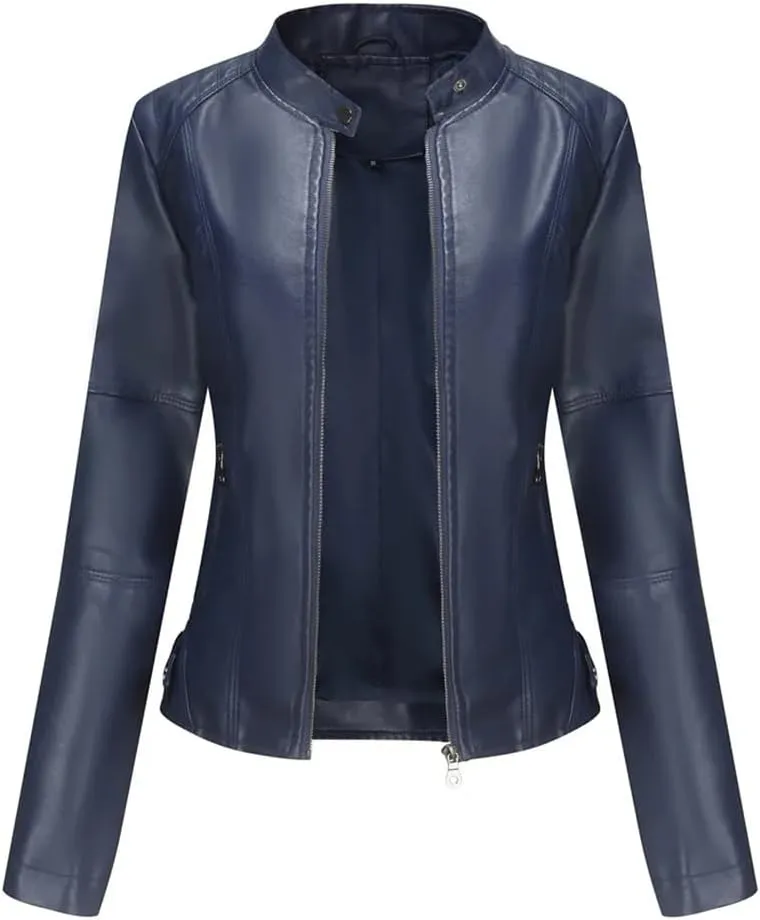 Faux Leather Jacket Women Autumn Spring Moto Biker Zipper Jacket Casual O-Neck Jacket