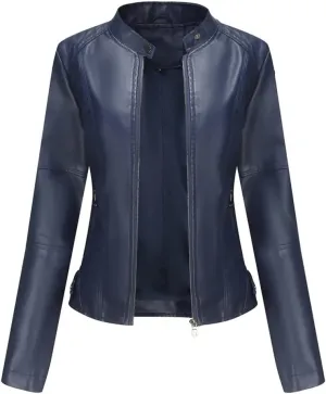 Faux Leather Jacket Women Autumn Spring Moto Biker Zipper Jacket Casual O-Neck Jacket