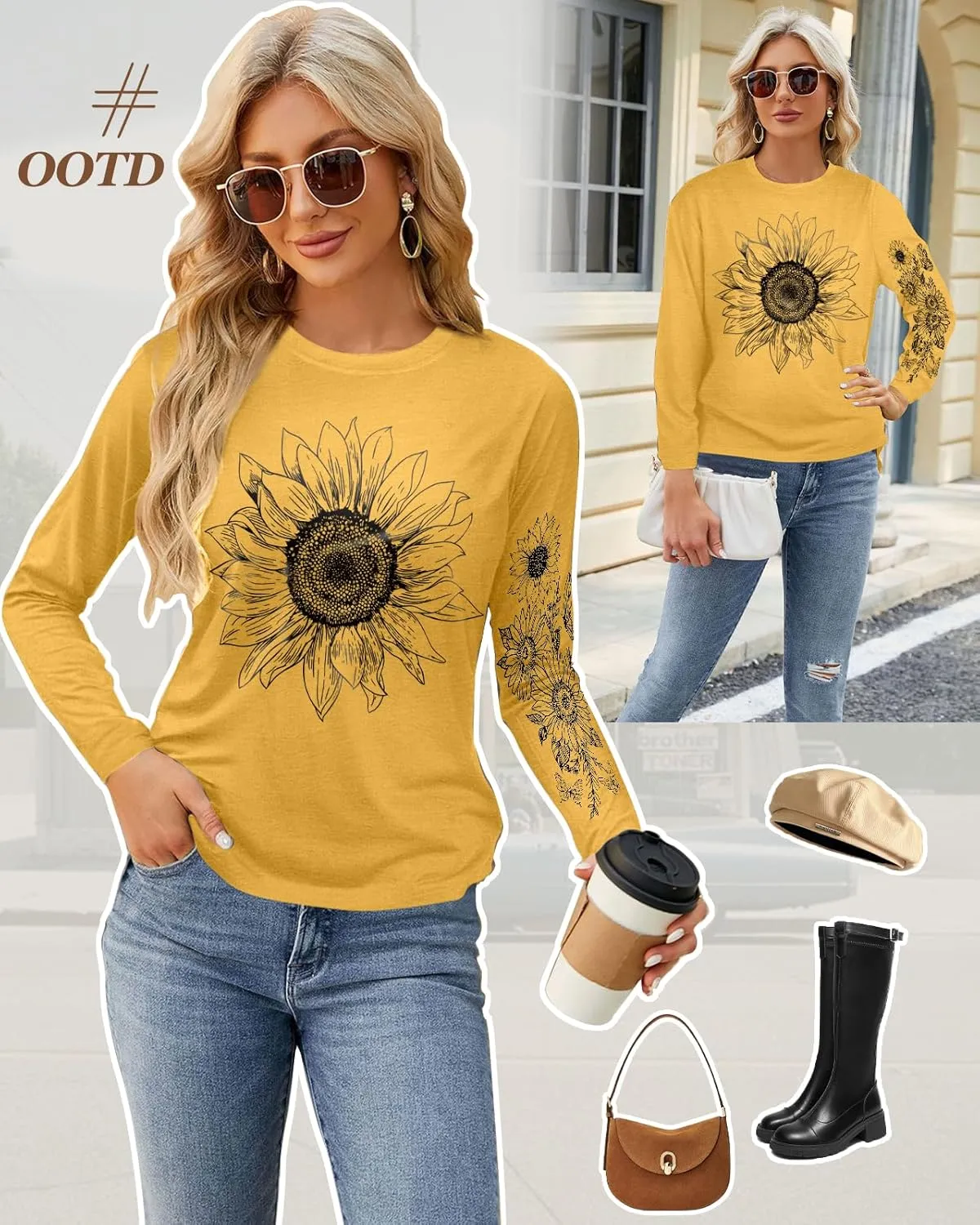 Flafens Long Sleeve T Shirts for Women - Crewneck Womens Graphic Tees Cotton Cute Cool Tshirts Teens Girls Girly