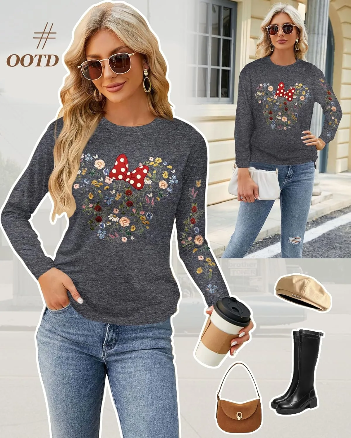 Flafens Long Sleeve T Shirts for Women - Crewneck Womens Graphic Tees Cotton Cute Cool Tshirts Teens Girls Girly