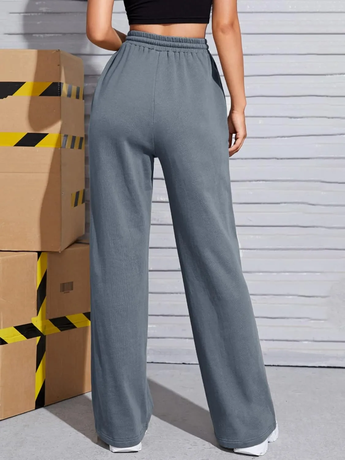 Floerns Women's Causal Drawstring High Waist Baggy Straight Wide Leg Sweatpants with Pockets