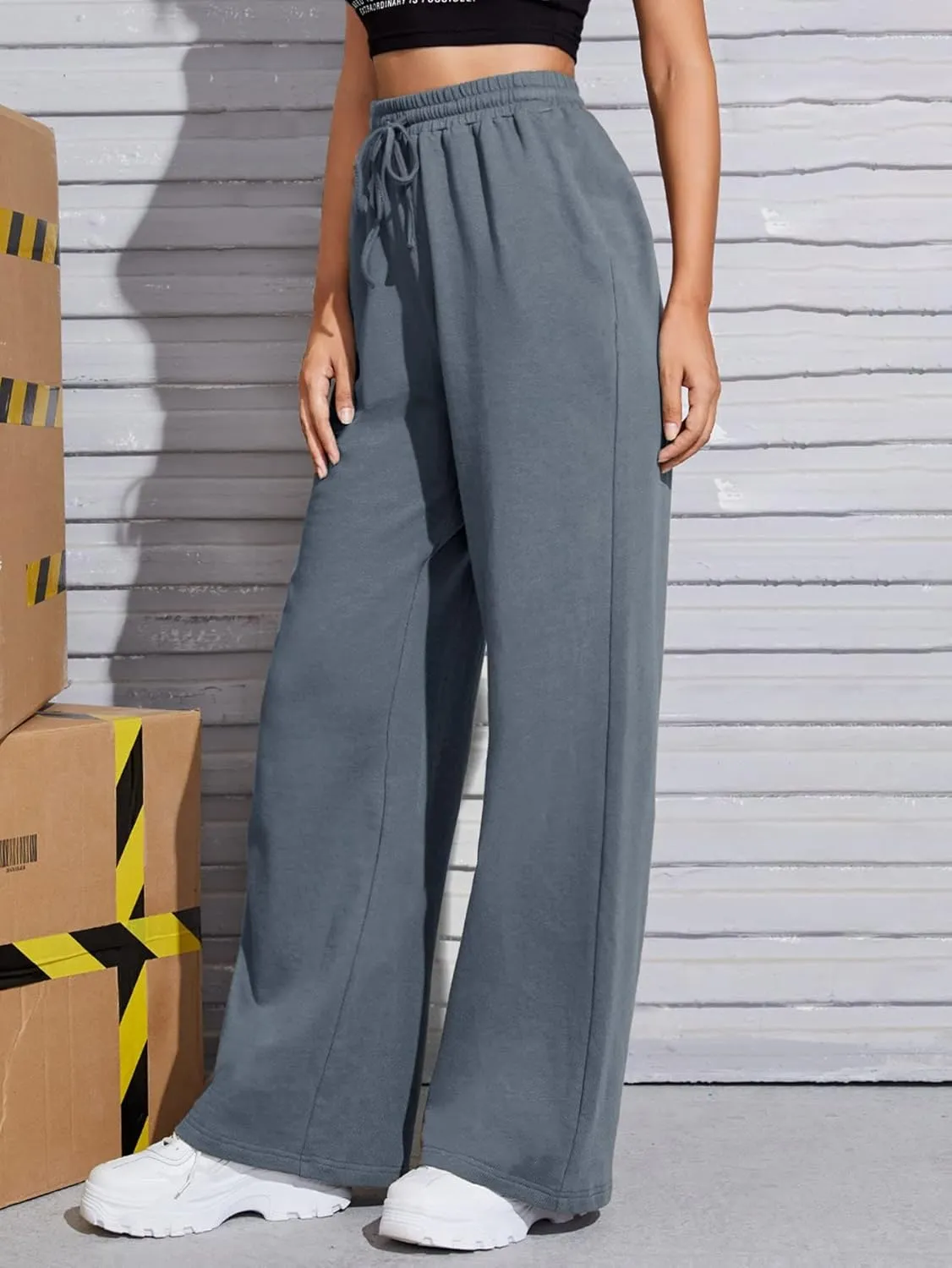 Floerns Women's Causal Drawstring High Waist Baggy Straight Wide Leg Sweatpants with Pockets
