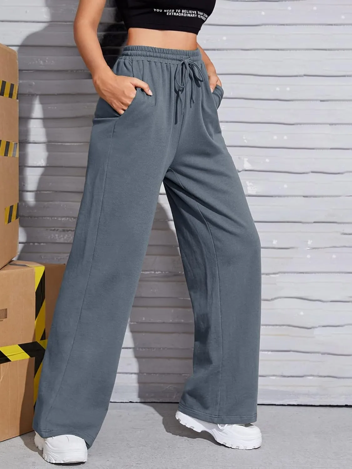 Floerns Women's Causal Drawstring High Waist Baggy Straight Wide Leg Sweatpants with Pockets