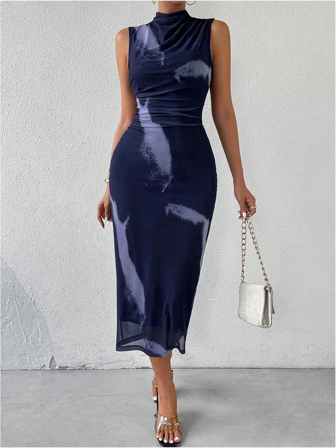 Floerns Women's Solid Sleeveless Mock Neck Knee Length Ruched Bodycon Dress