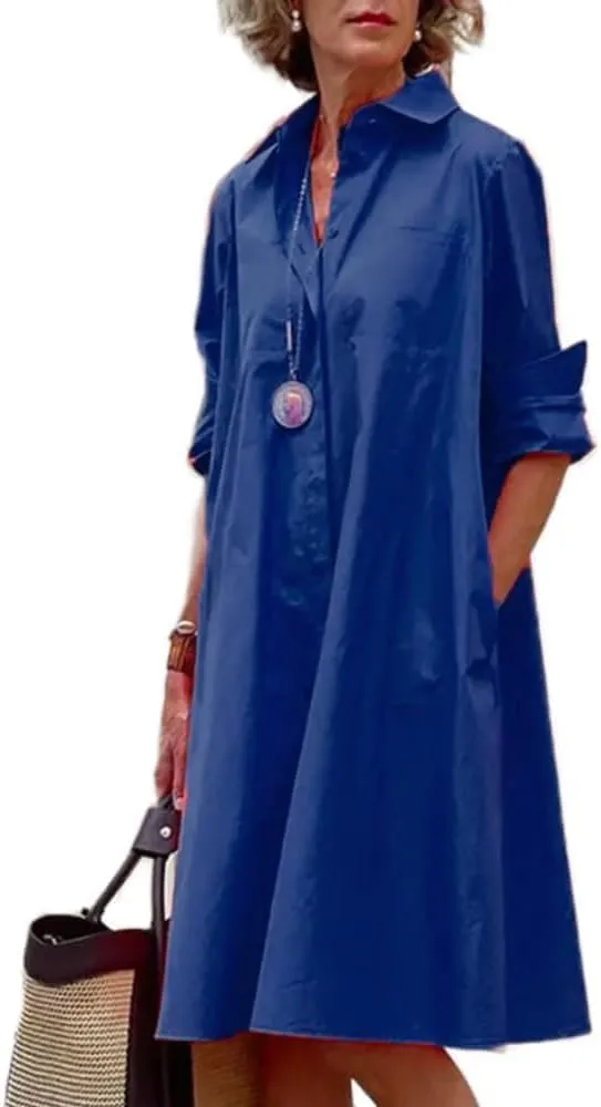 Geleglaer Womens Casual Loose Midi Shirt Dress Spring Summer Long Sleeve V Neck Button Down Dress Tunic Dress with Pockets