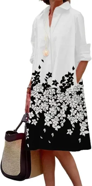 Geleglaer Womens Casual Loose Midi Shirt Dress Spring Summer Long Sleeve V Neck Button Down Dress Tunic Dress with Pockets
