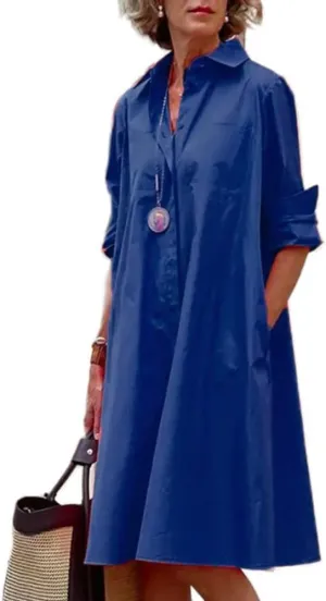 Geleglaer Womens Casual Loose Midi Shirt Dress Spring Summer Long Sleeve V Neck Button Down Dress Tunic Dress with Pockets