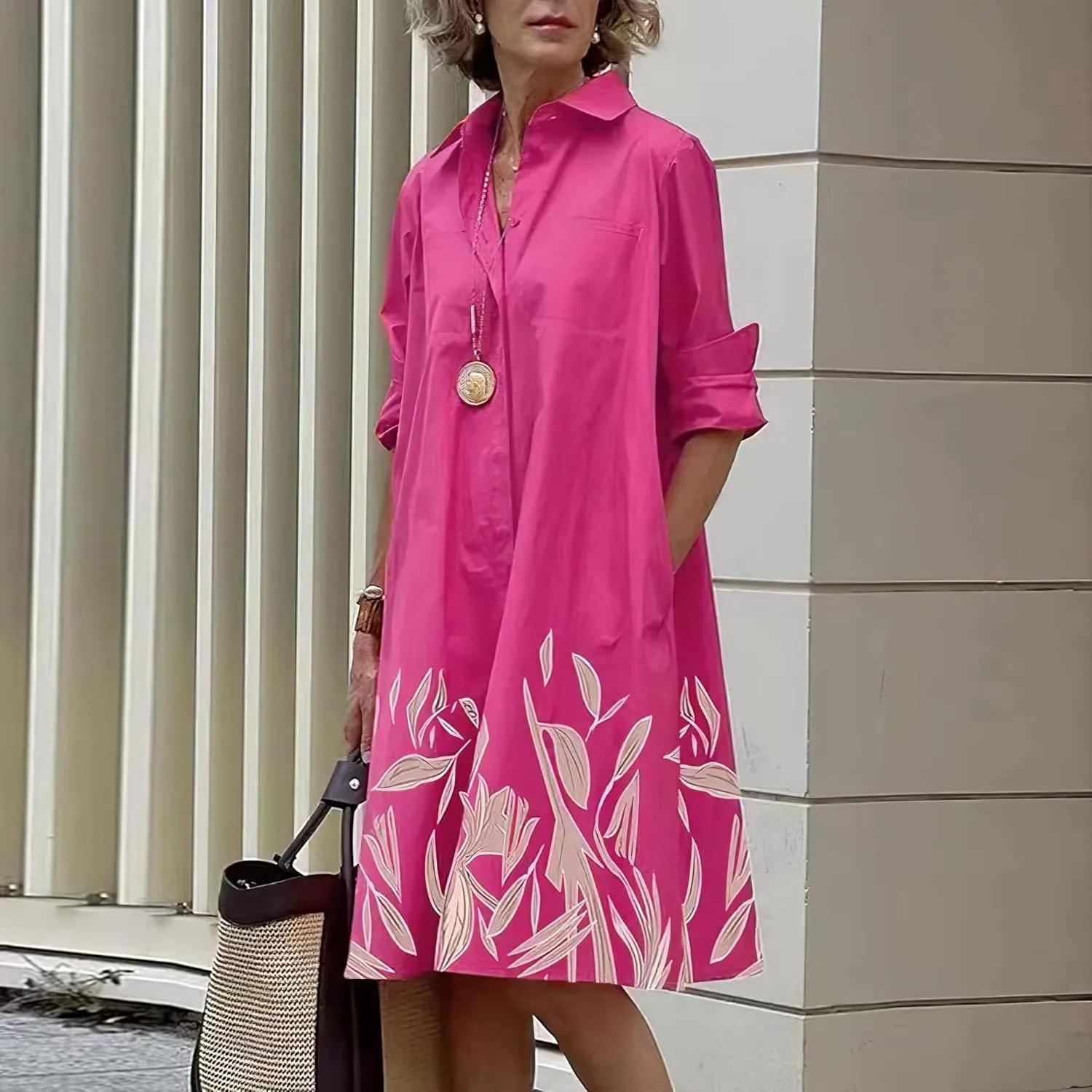 Geleglaer Womens Casual Loose Midi Shirt Dress Spring Summer Long Sleeve V Neck Button Down Dress Tunic Dress with Pockets