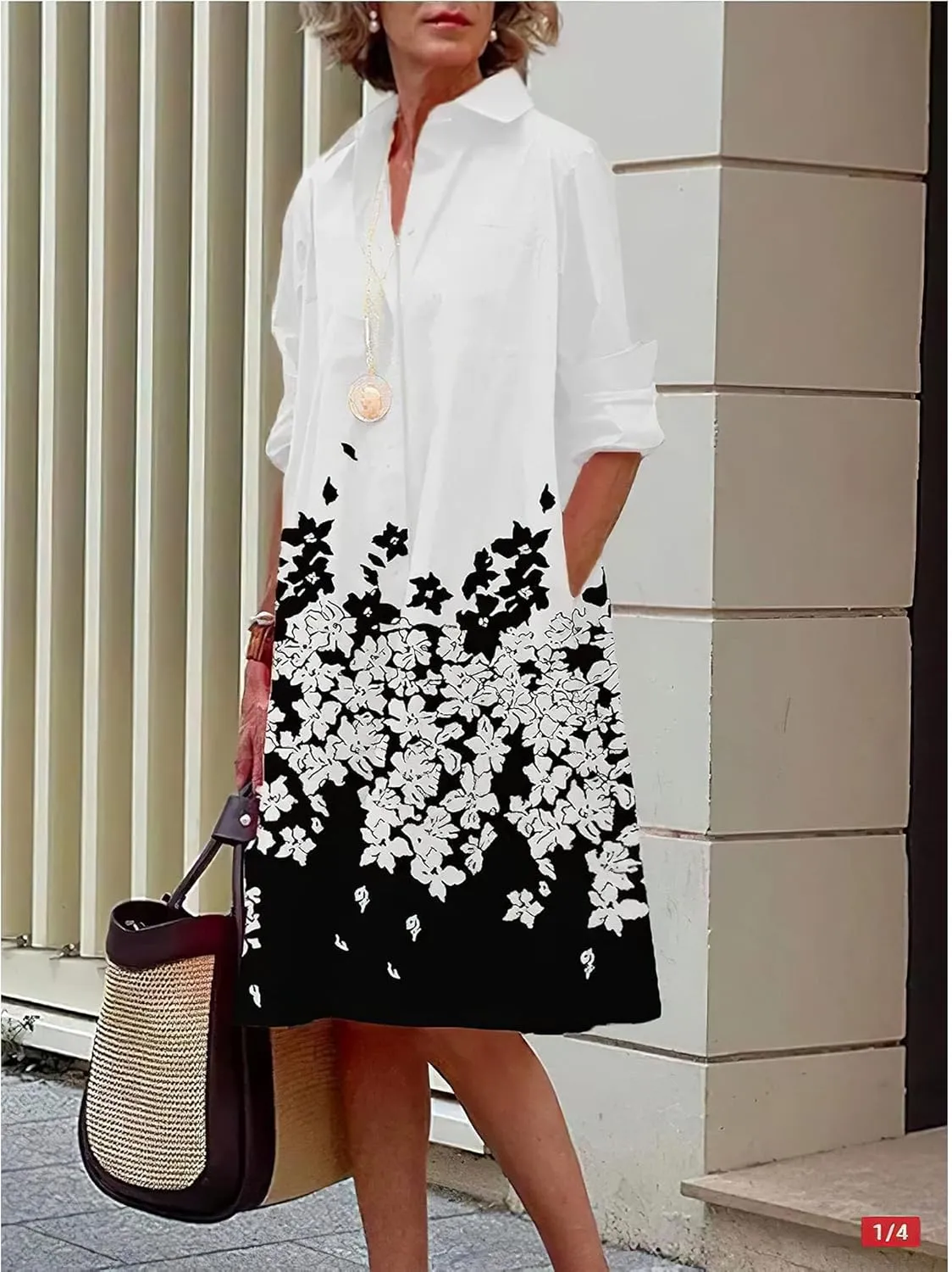 Geleglaer Womens Casual Loose Midi Shirt Dress Spring Summer Long Sleeve V Neck Button Down Dress Tunic Dress with Pockets