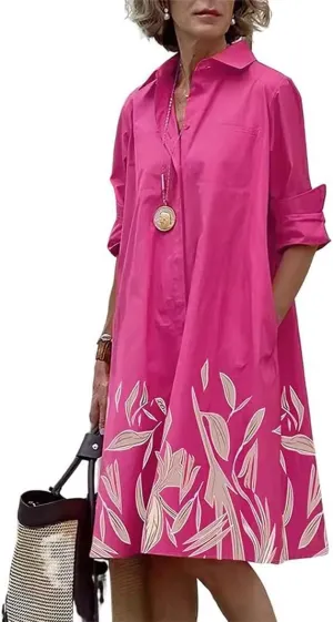 Geleglaer Womens Casual Loose Midi Shirt Dress Spring Summer Long Sleeve V Neck Button Down Dress Tunic Dress with Pockets
