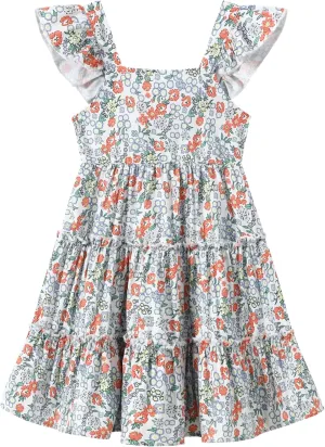 Girl Summer Dress Floral Ruffle Sleeve A Line Swing Casual Dresses Tie Back Cute Tiered Sundress 4-12Y