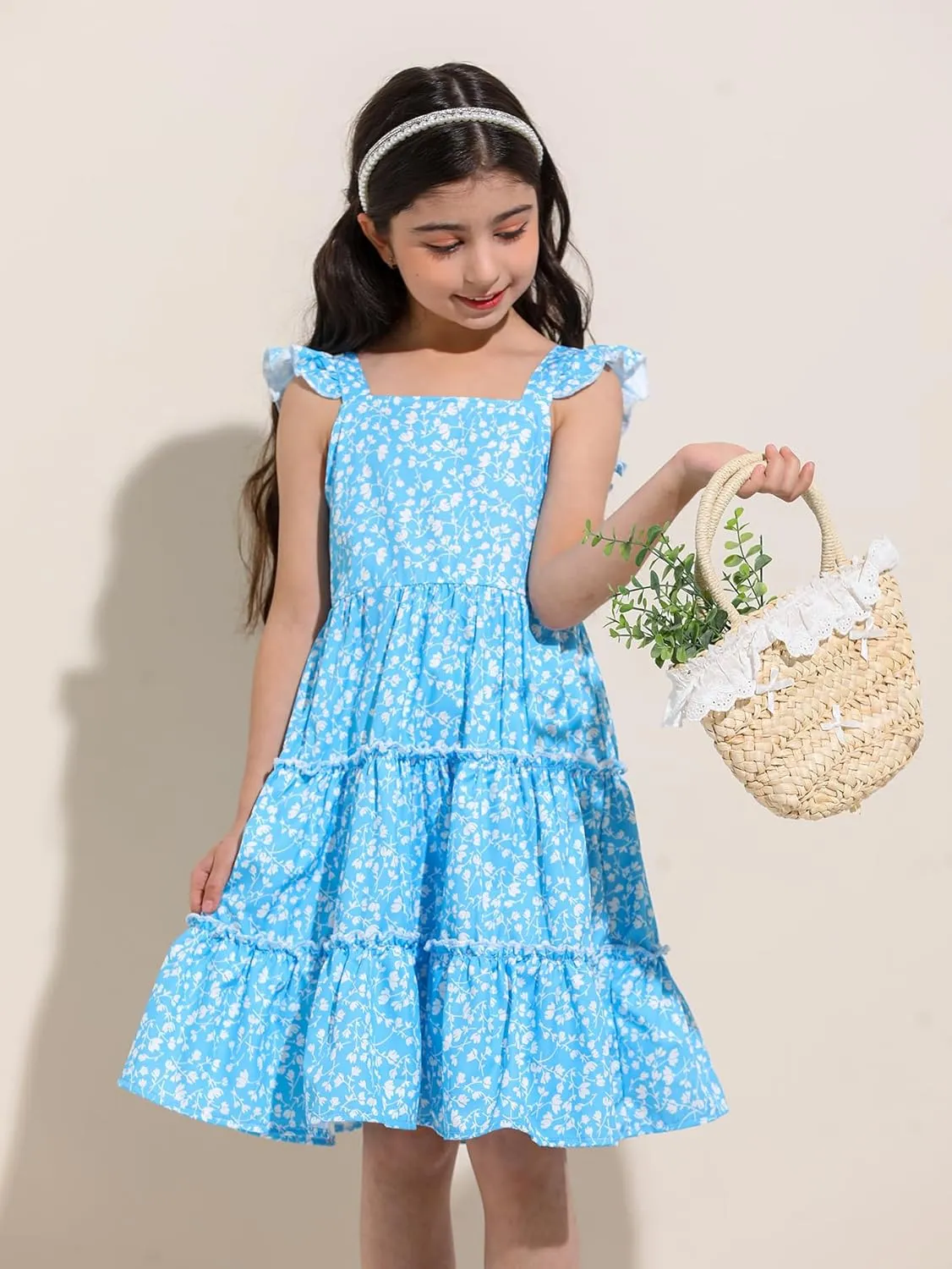 Girl Summer Dress Floral Ruffle Sleeve A Line Swing Casual Dresses Tie Back Cute Tiered Sundress 4-12Y