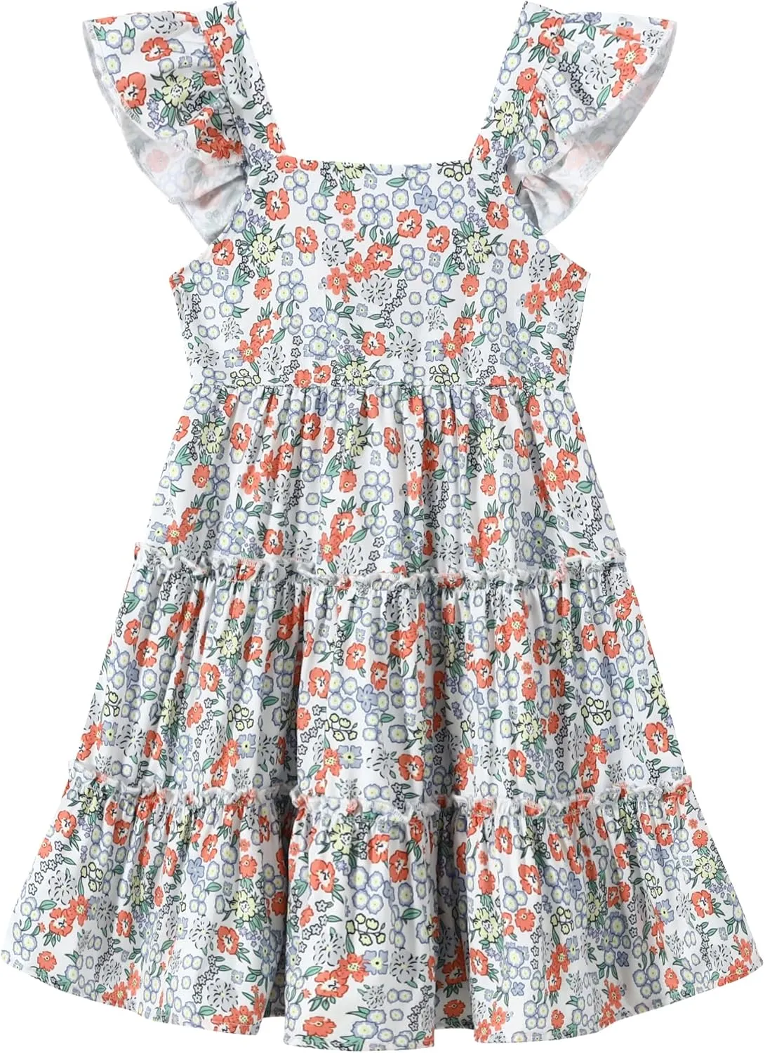 Girl Summer Dress Floral Ruffle Sleeve A Line Swing Casual Dresses Tie Back Cute Tiered Sundress 4-12Y