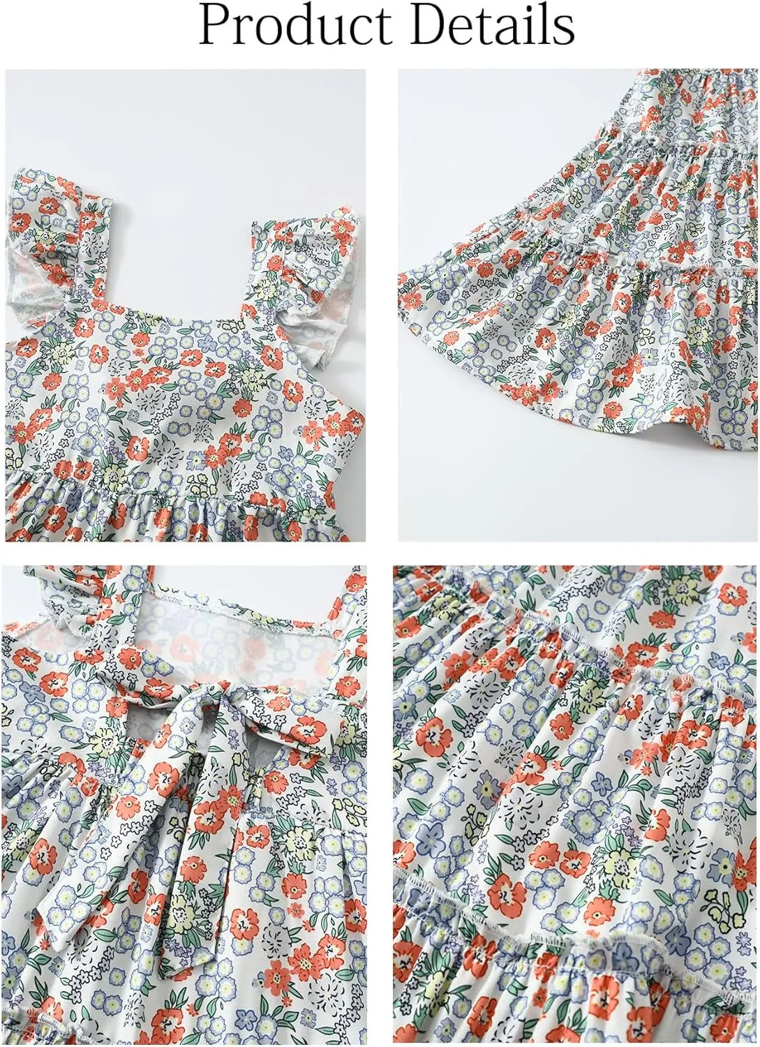Girl Summer Dress Floral Ruffle Sleeve A Line Swing Casual Dresses Tie Back Cute Tiered Sundress 4-12Y