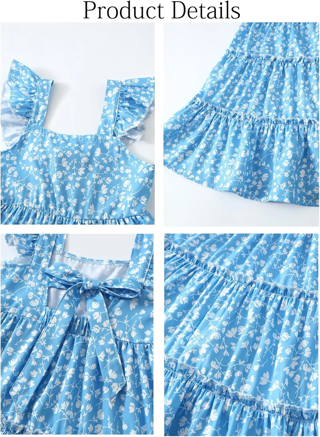Girl Summer Dress Floral Ruffle Sleeve A Line Swing Casual Dresses Tie Back Cute Tiered Sundress 4-12Y