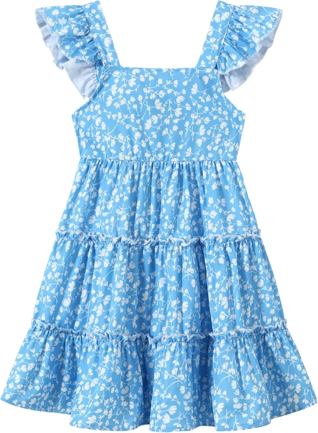 Girl Summer Dress Floral Ruffle Sleeve A Line Swing Casual Dresses Tie Back Cute Tiered Sundress 4-12Y