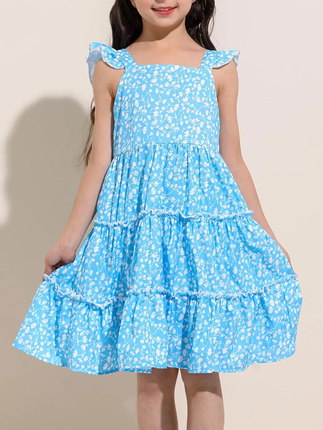 Girl Summer Dress Floral Ruffle Sleeve A Line Swing Casual Dresses Tie Back Cute Tiered Sundress 4-12Y