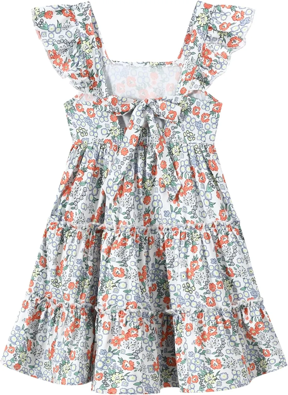 Girl Summer Dress Floral Ruffle Sleeve A Line Swing Casual Dresses Tie Back Cute Tiered Sundress 4-12Y