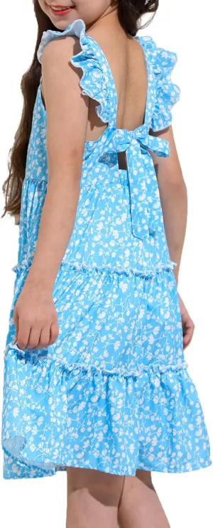 Girl Summer Dress Floral Ruffle Sleeve A Line Swing Casual Dresses Tie Back Cute Tiered Sundress 4-12Y