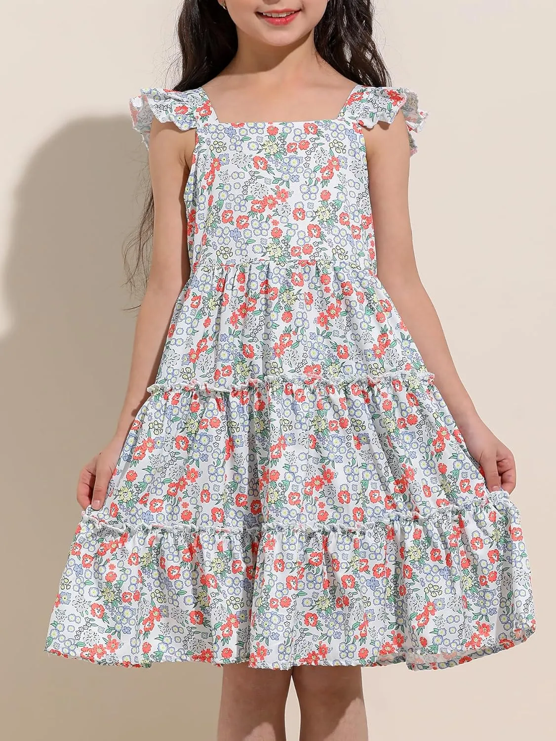 Girl Summer Dress Floral Ruffle Sleeve A Line Swing Casual Dresses Tie Back Cute Tiered Sundress 4-12Y