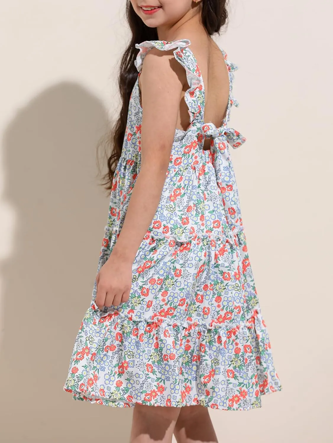 Girl Summer Dress Floral Ruffle Sleeve A Line Swing Casual Dresses Tie Back Cute Tiered Sundress 4-12Y