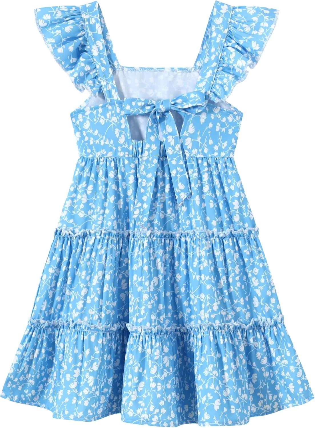 Girl Summer Dress Floral Ruffle Sleeve A Line Swing Casual Dresses Tie Back Cute Tiered Sundress 4-12Y