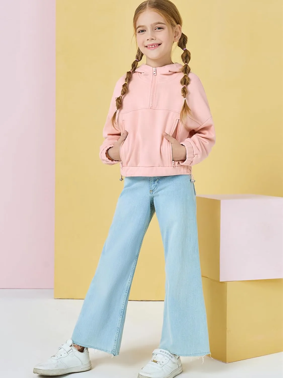 Girls Half Zip Up Hoodies Kids Fashion Loose Hooded Sweatshirts with Pockets 3-14 Years