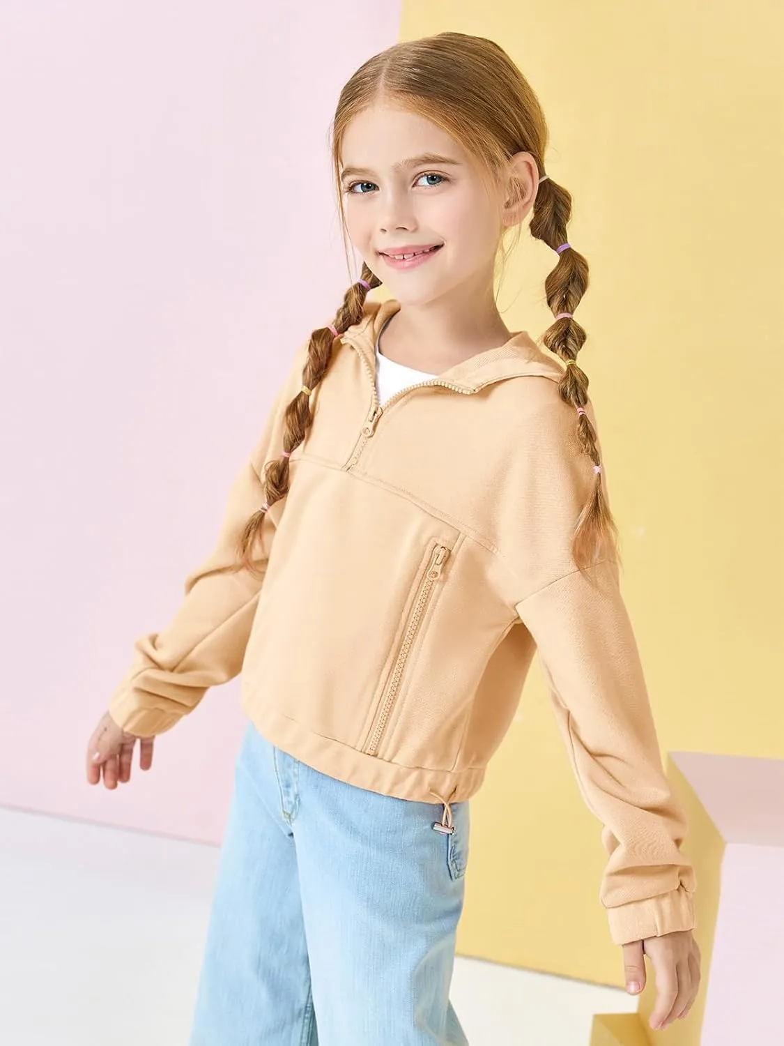 Girls Half Zip Up Hoodies Kids Fashion Loose Hooded Sweatshirts with Pockets 3-14 Years