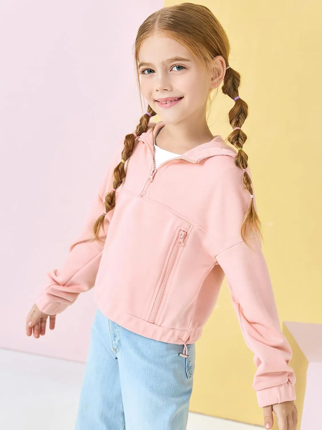 Girls Half Zip Up Hoodies Kids Fashion Loose Hooded Sweatshirts with Pockets 3-14 Years