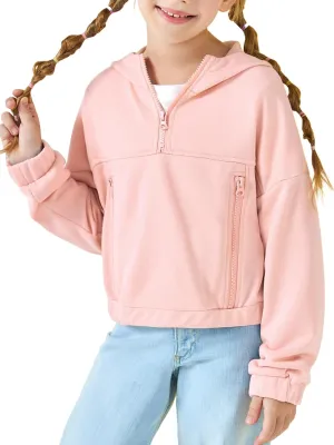 Girls Half Zip Up Hoodies Kids Fashion Loose Hooded Sweatshirts with Pockets 3-14 Years