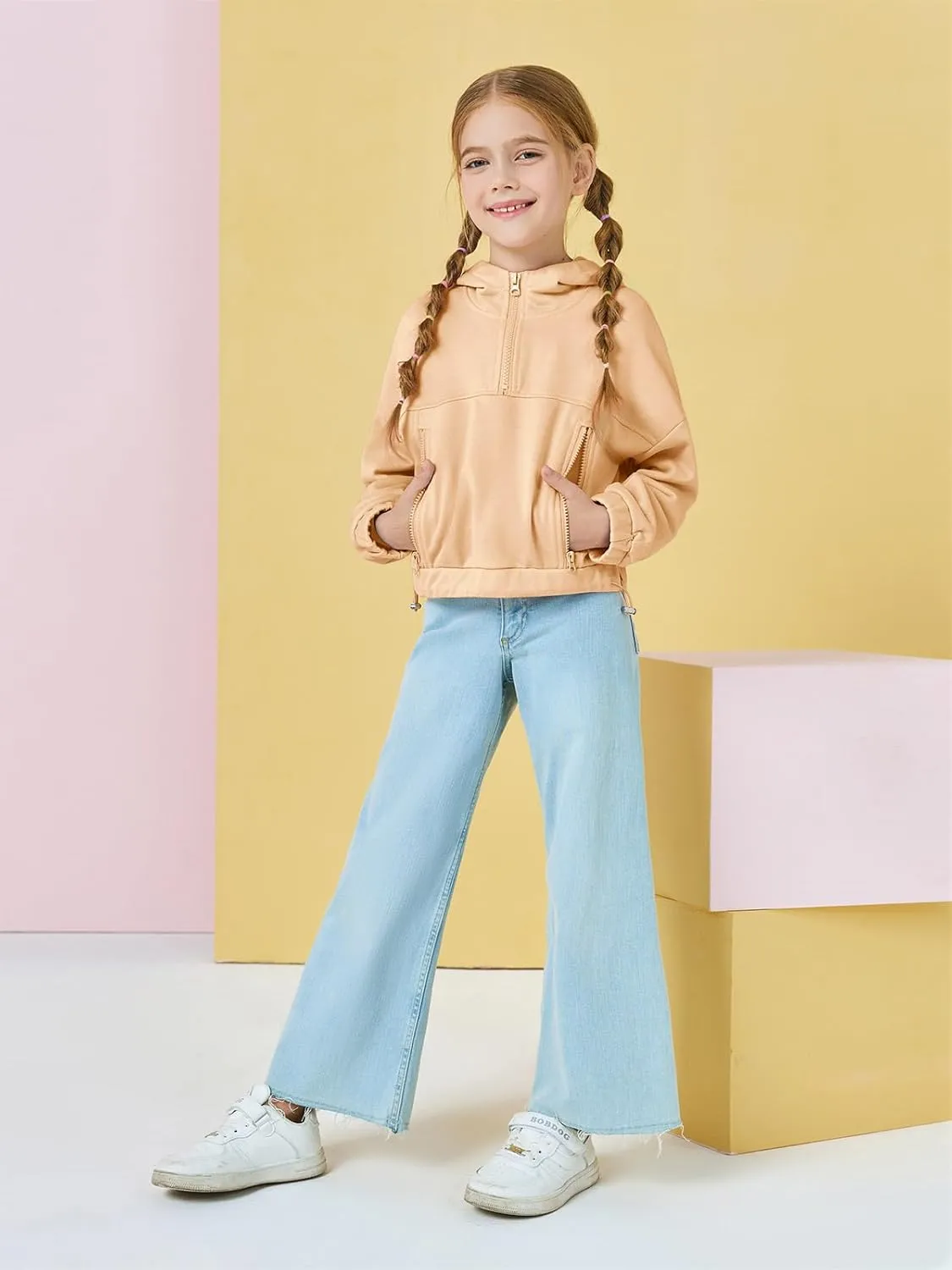 Girls Half Zip Up Hoodies Kids Fashion Loose Hooded Sweatshirts with Pockets 3-14 Years