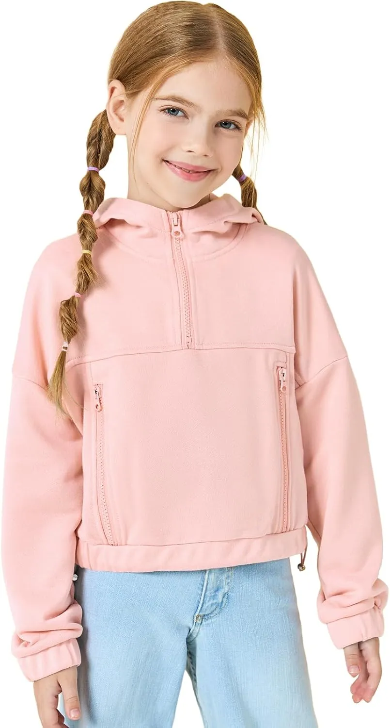 Girls Half Zip Up Hoodies Kids Fashion Loose Hooded Sweatshirts with Pockets 3-14 Years