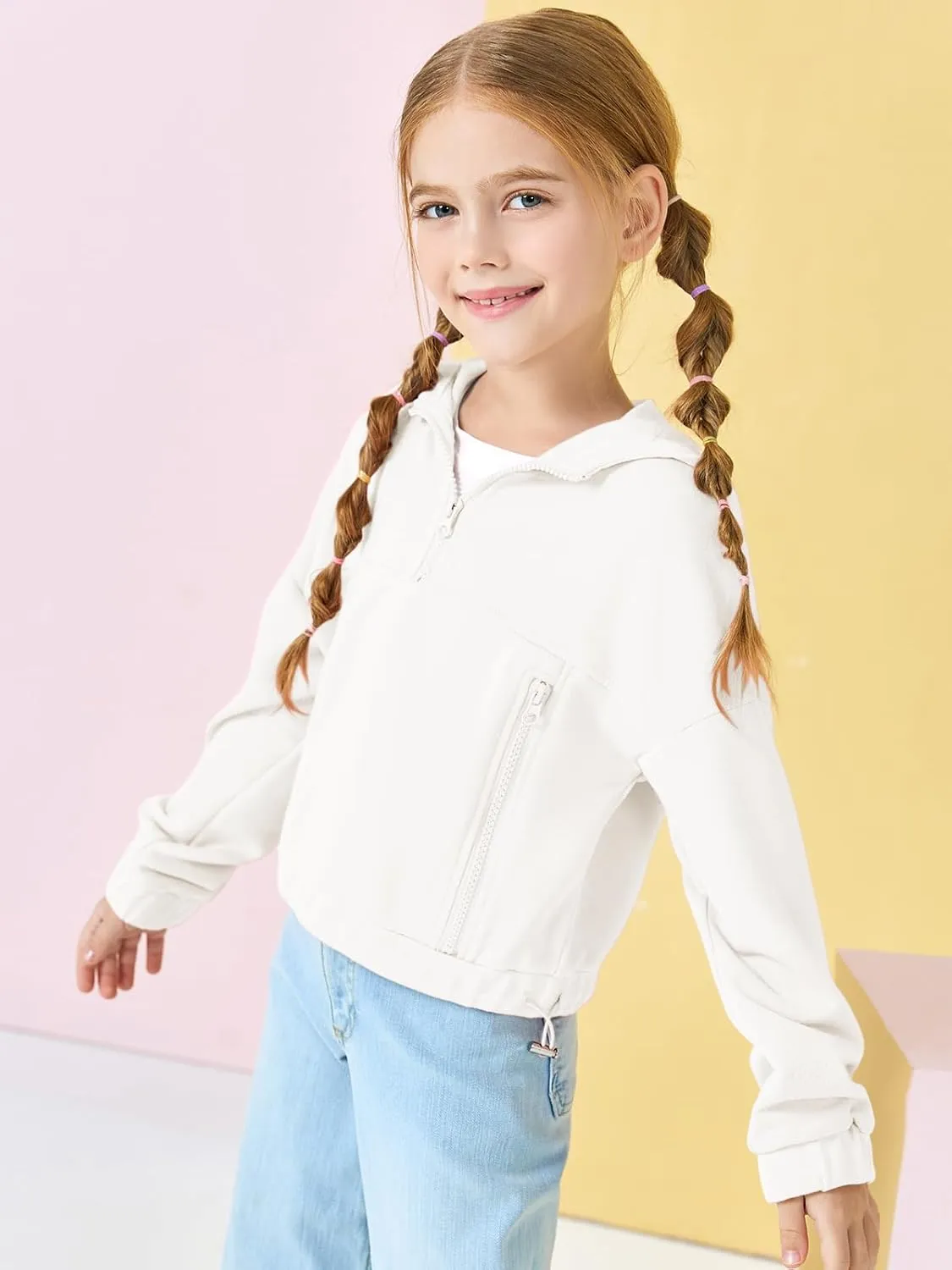Girls Half Zip Up Hoodies Kids Fashion Loose Hooded Sweatshirts with Pockets 3-14 Years