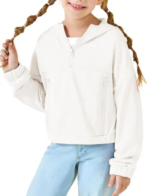 Girls Half Zip Up Hoodies Kids Fashion Loose Hooded Sweatshirts with Pockets 3-14 Years