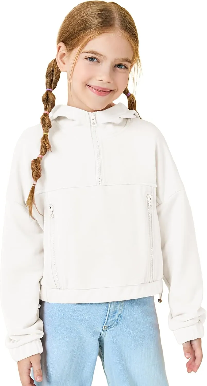 Girls Half Zip Up Hoodies Kids Fashion Loose Hooded Sweatshirts with Pockets 3-14 Years