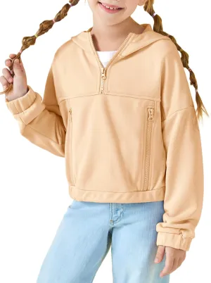 Girls Half Zip Up Hoodies Kids Fashion Loose Hooded Sweatshirts with Pockets 3-14 Years
