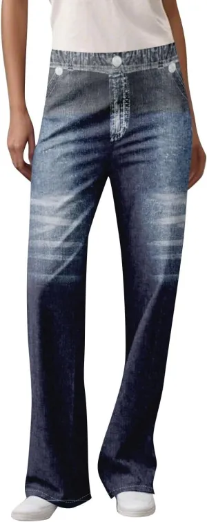 GOFULY French Terry Sweatpants That Look Like Jeans,Denim Print Wide Leg Pants Stretchy Elastic Waisted Sweatpants Casual