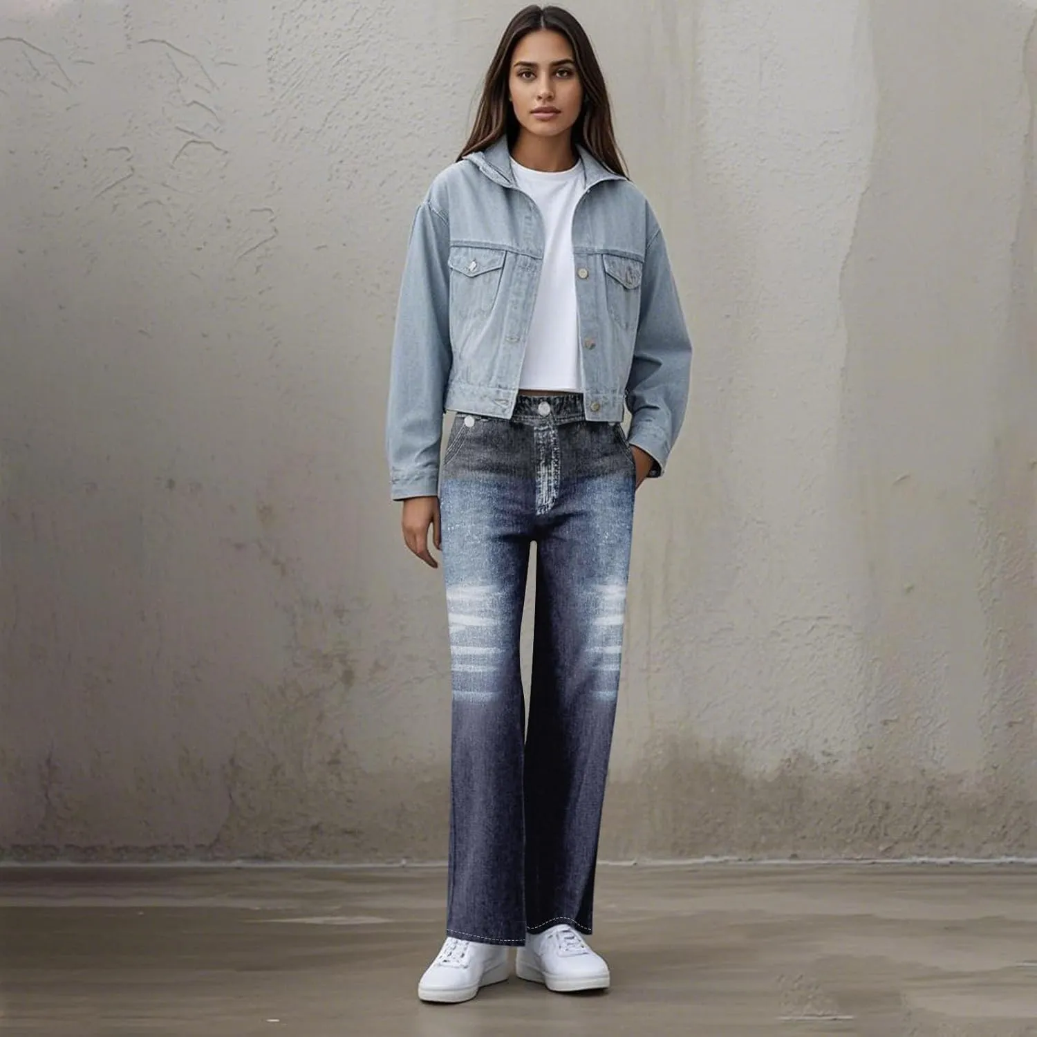 GOFULY French Terry Sweatpants That Look Like Jeans,Denim Print Wide Leg Pants Stretchy Elastic Waisted Sweatpants Casual