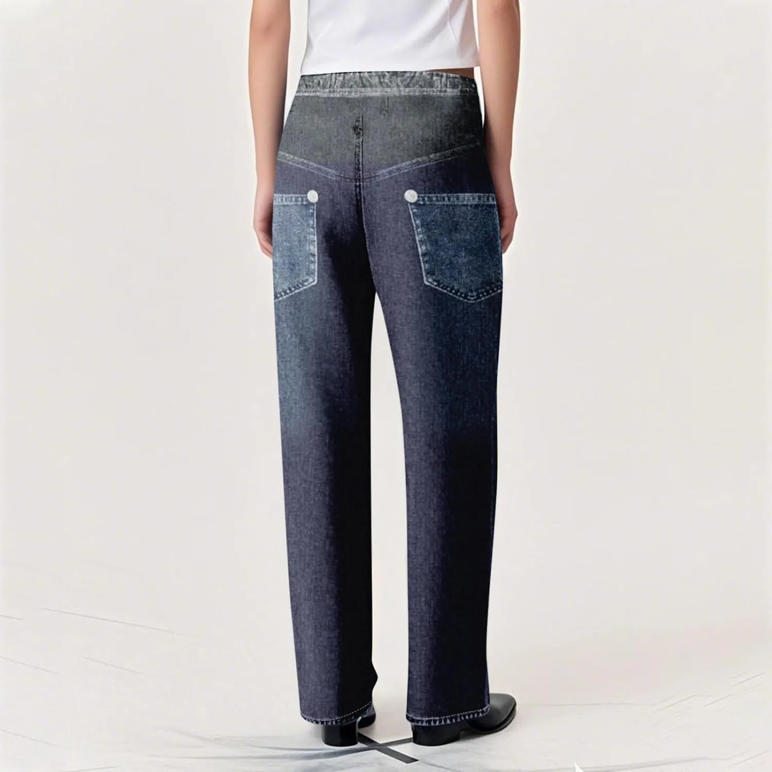 GOFULY French Terry Sweatpants That Look Like Jeans,Denim Print Wide Leg Pants Stretchy Elastic Waisted Sweatpants Casual
