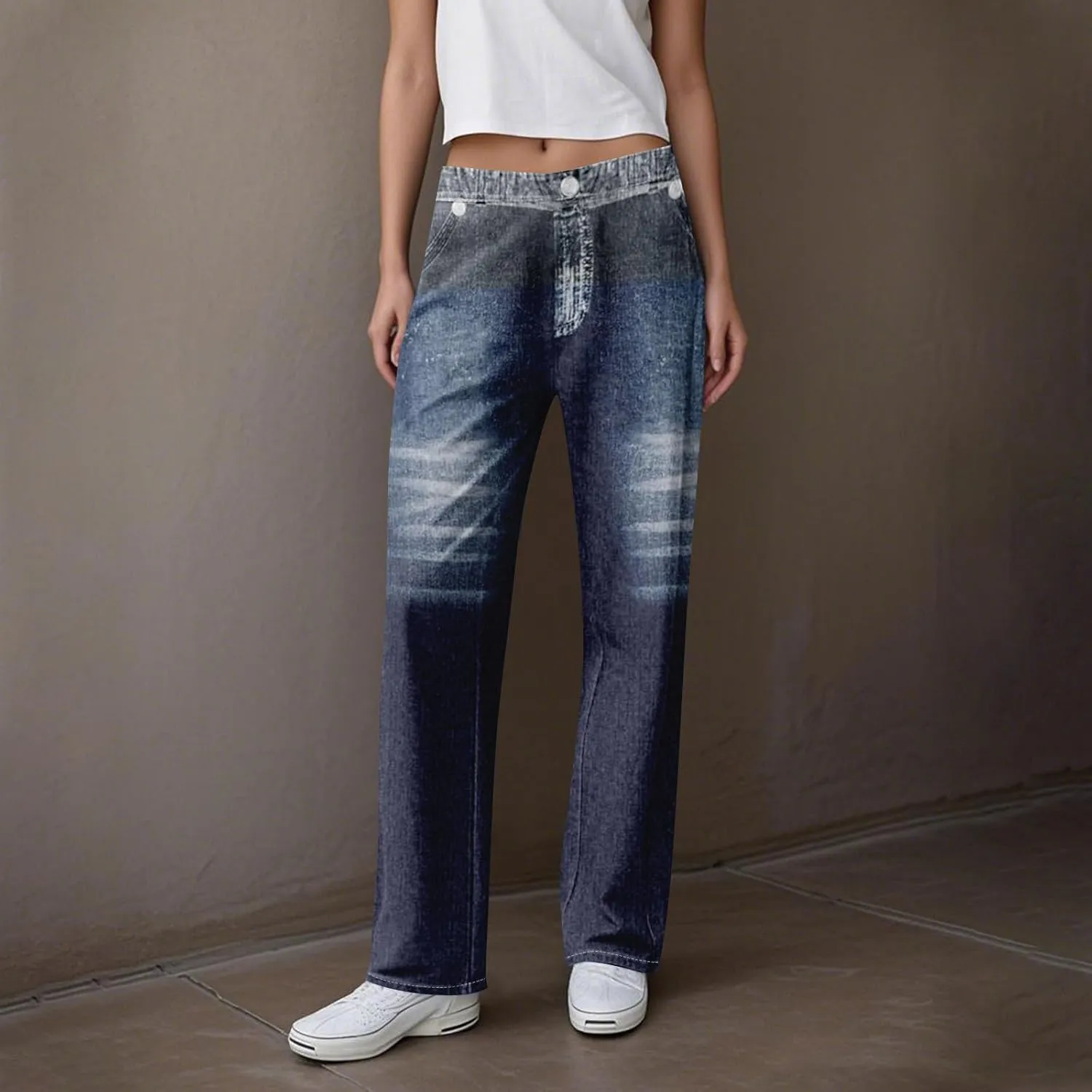 GOFULY French Terry Sweatpants That Look Like Jeans,Denim Print Wide Leg Pants Stretchy Elastic Waisted Sweatpants Casual