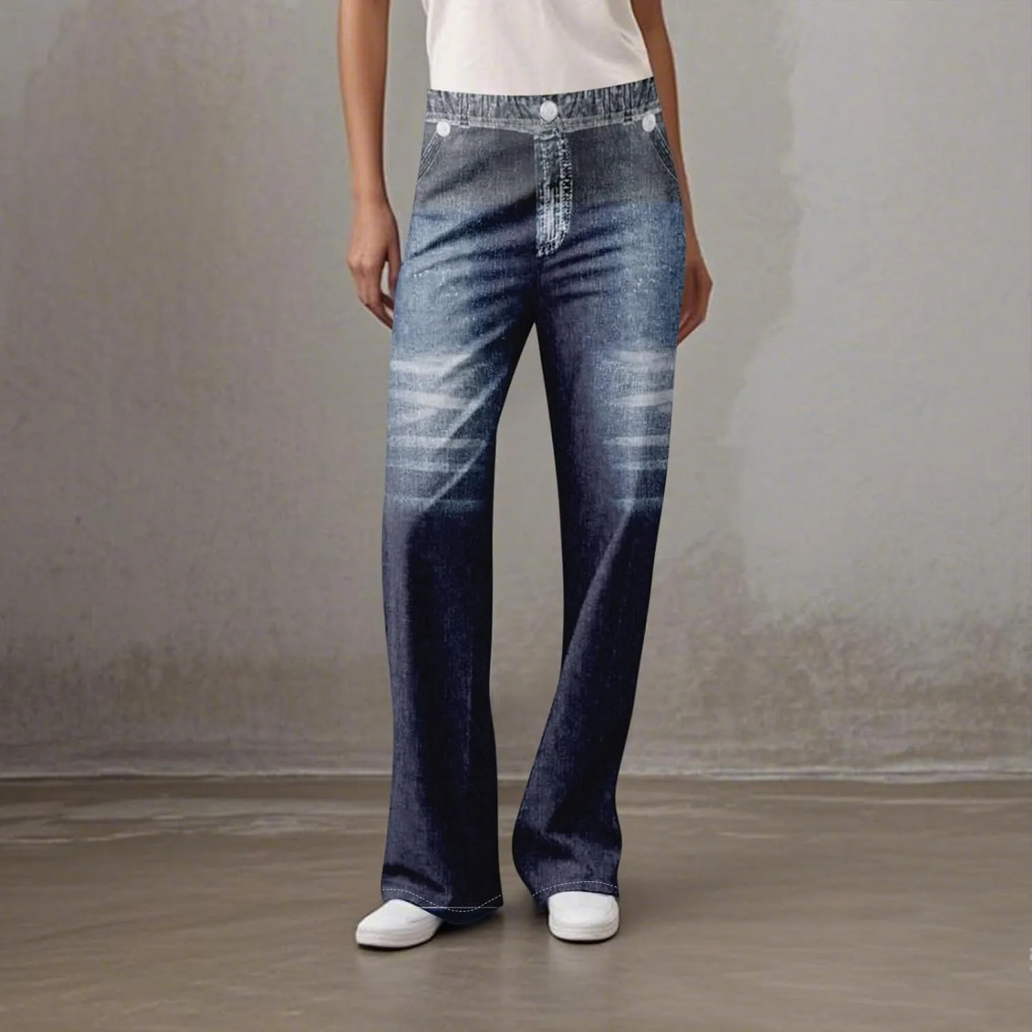 GOFULY French Terry Sweatpants That Look Like Jeans,Denim Print Wide Leg Pants Stretchy Elastic Waisted Sweatpants Casual